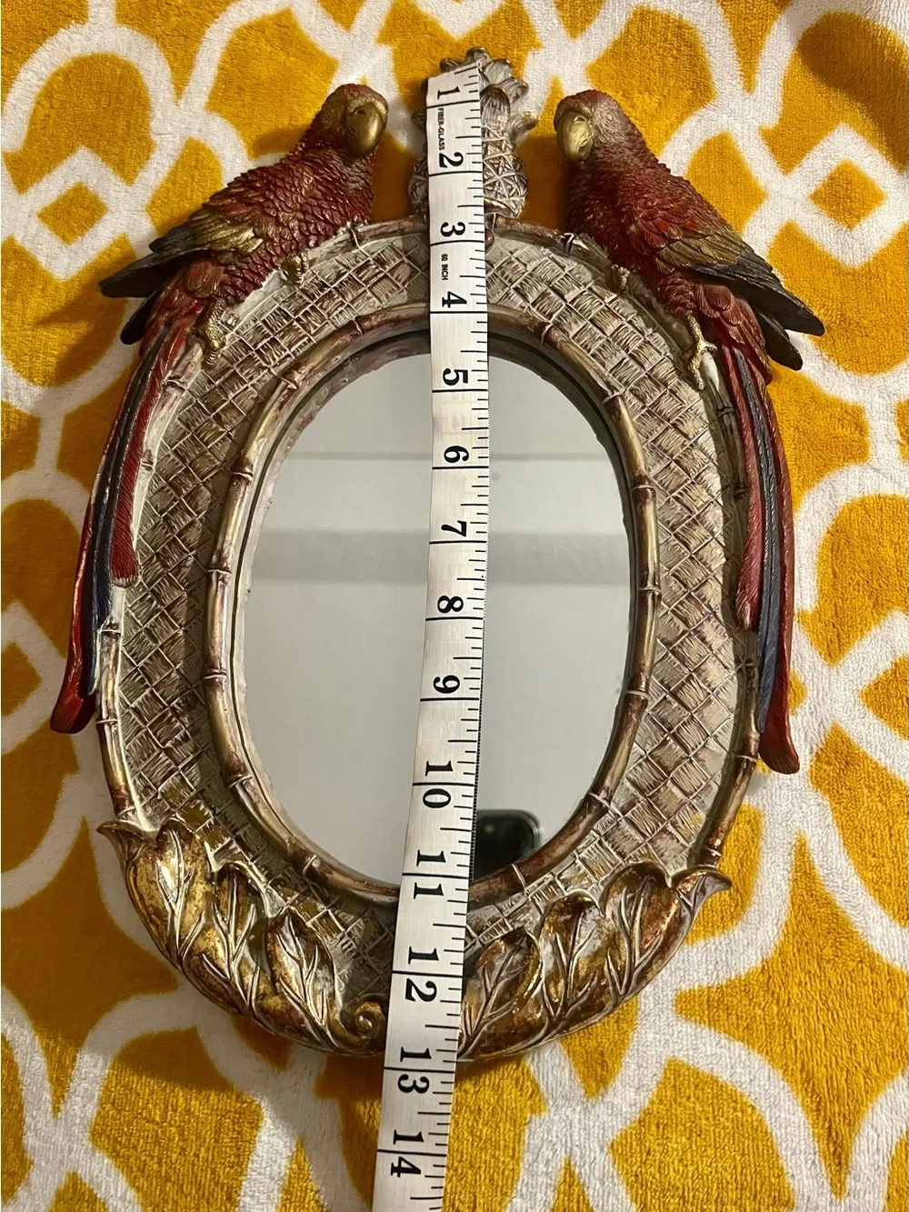Vintage Oval Framed Parrot Bird Accent Tabletop Mirror 13 in Gold Red Brown
